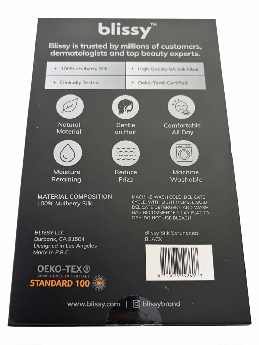 Blissy Scrunchies 100% Mulberry Silk Black COMBO pack of 6 NEW in BOX